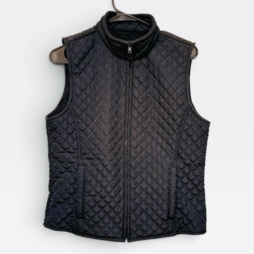 Izod Women's Black Quilted Diamond Zip Up Vest Stand Up Collar M Preppy Classic